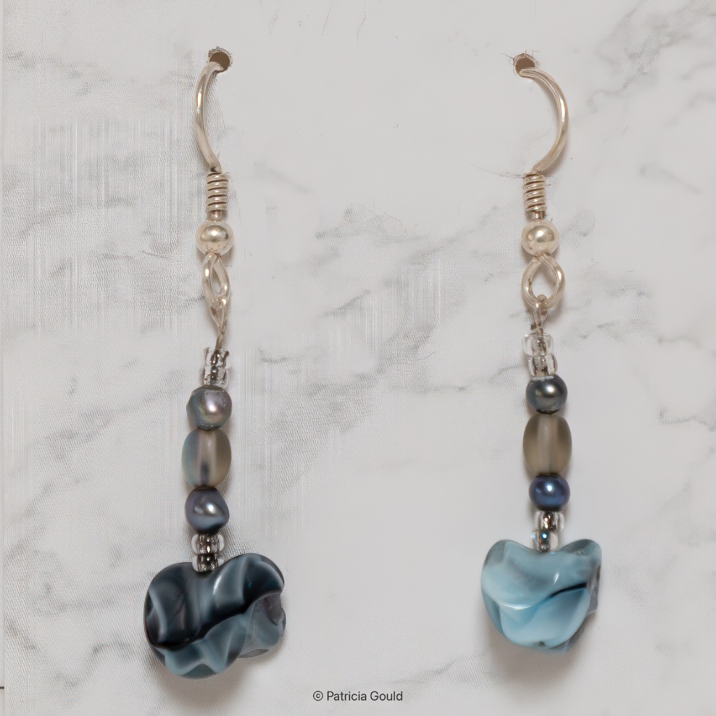 New - Ea25 -Earrings - Swirled Glass Beads And Fresh Water Pearls, One Of A Kind